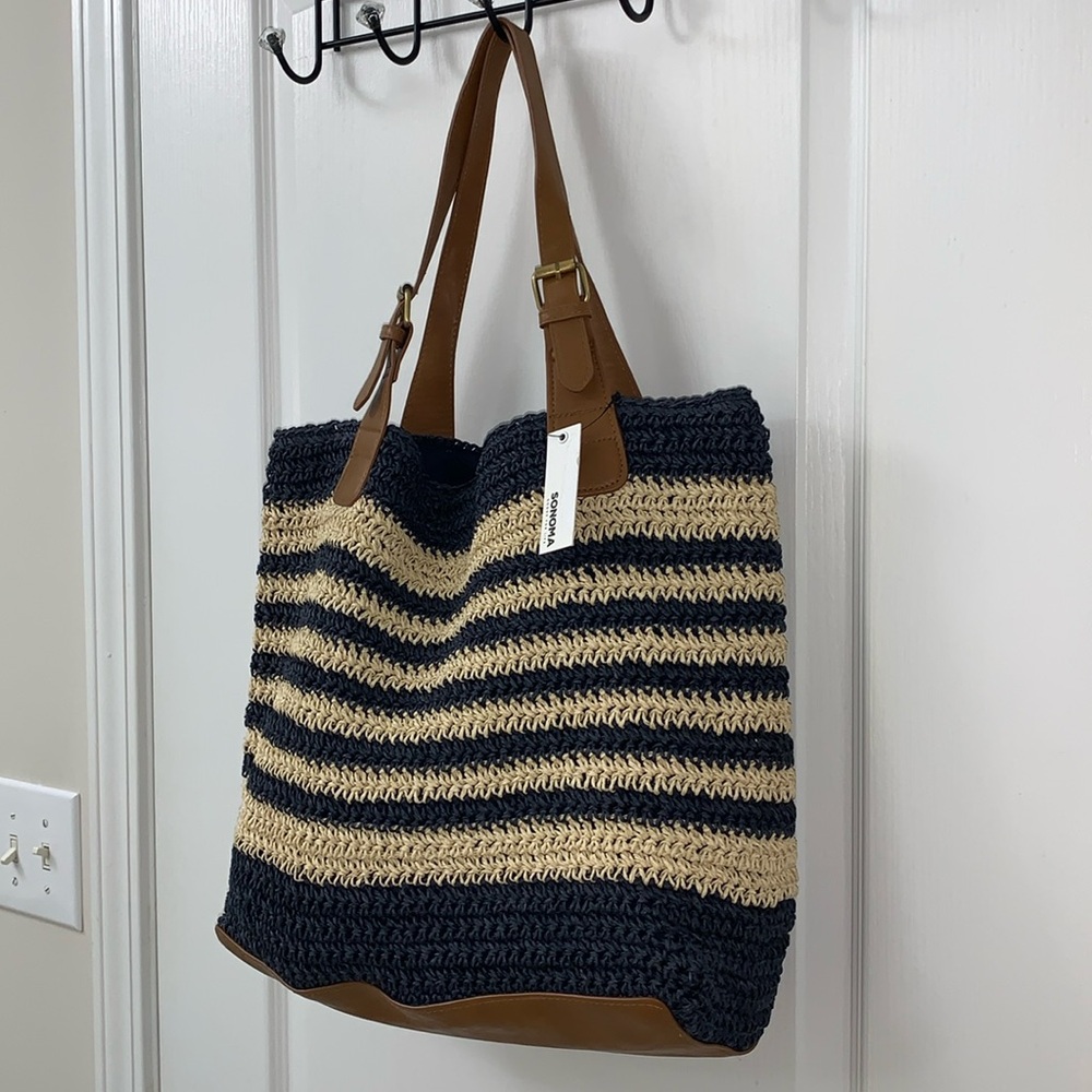 Navy Blue and Cream Striped Woven Straw Tote Bag - Picture 3 of 17
